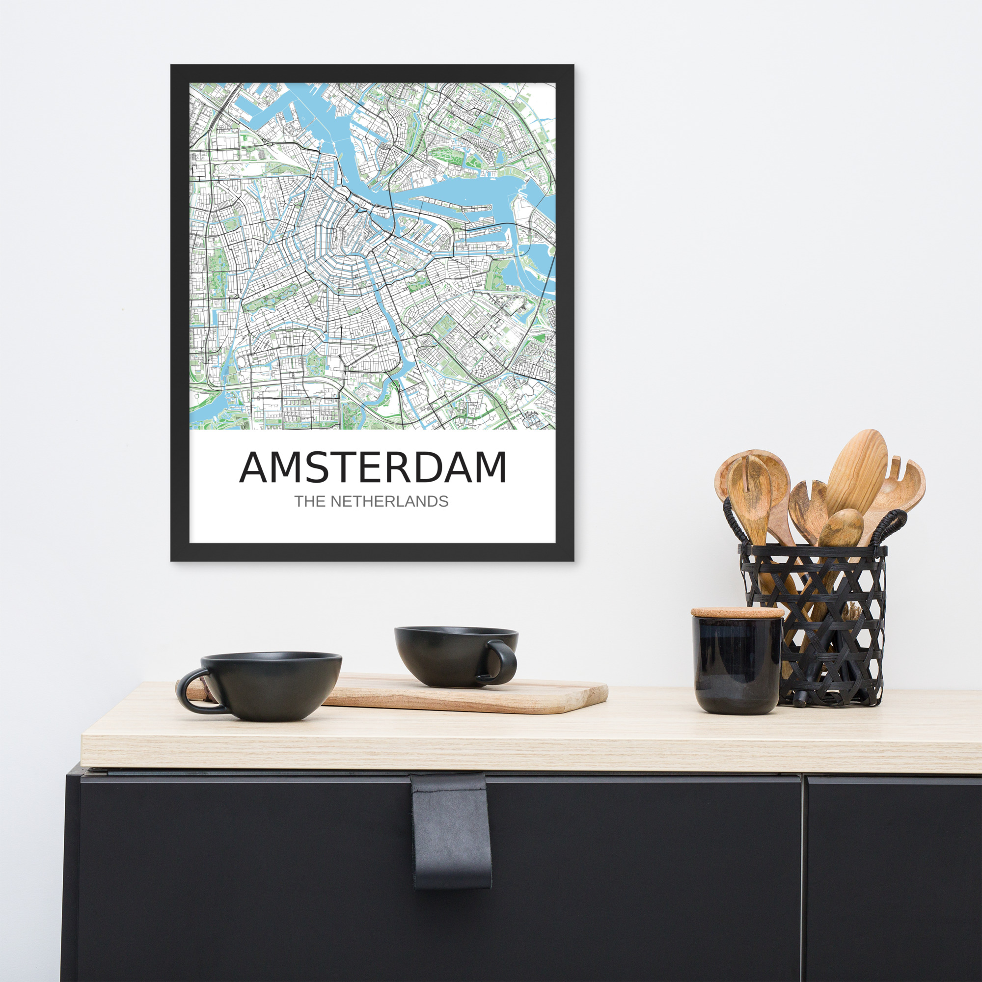 Framed Poster - Amsterdam NL - Artistic Map - Green Black White - Image 15