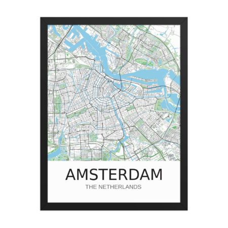 Framed Poster - Amsterdam NL - Artistic Map - Green Black White