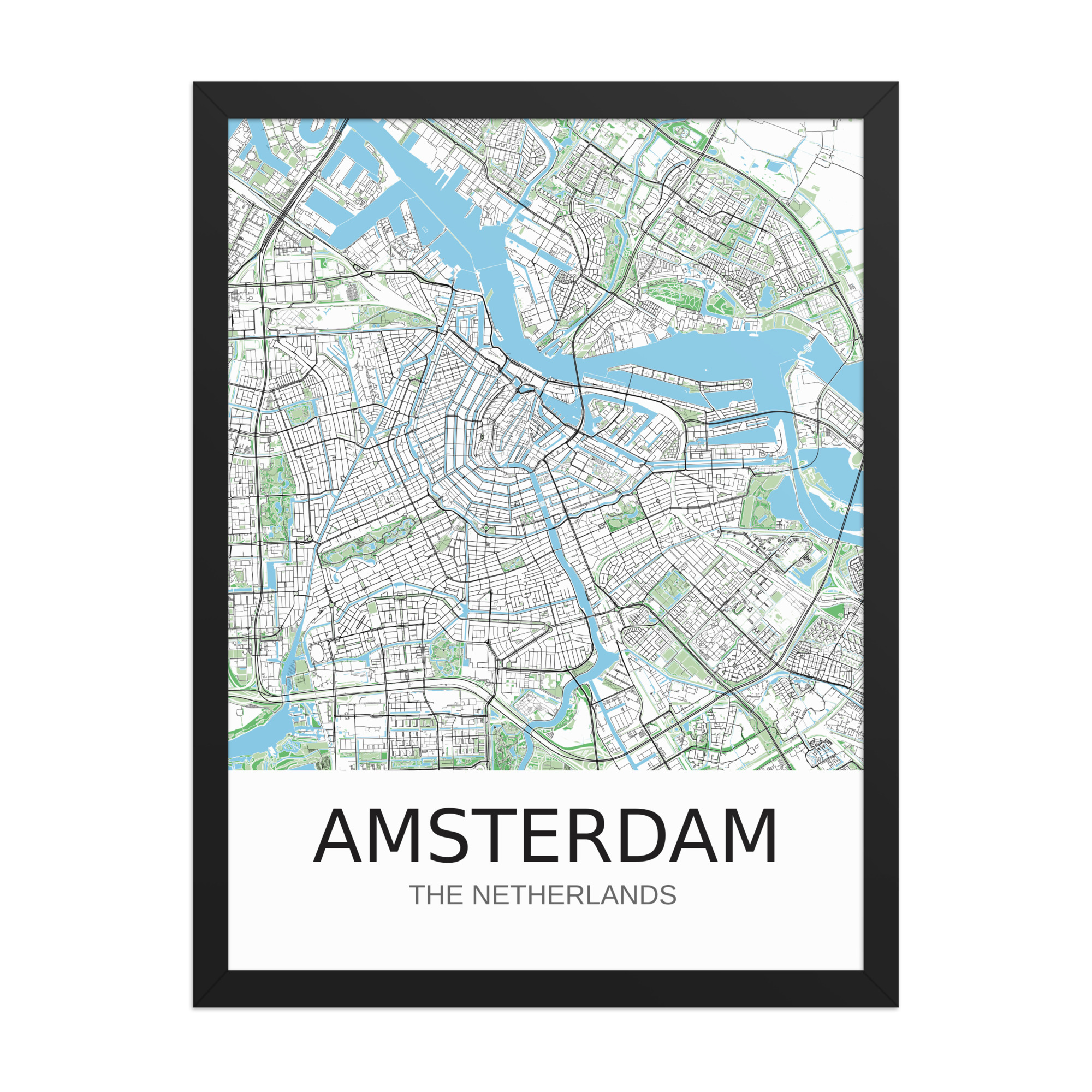 Framed Poster - Amsterdam NL - Artistic Map - Green Black White