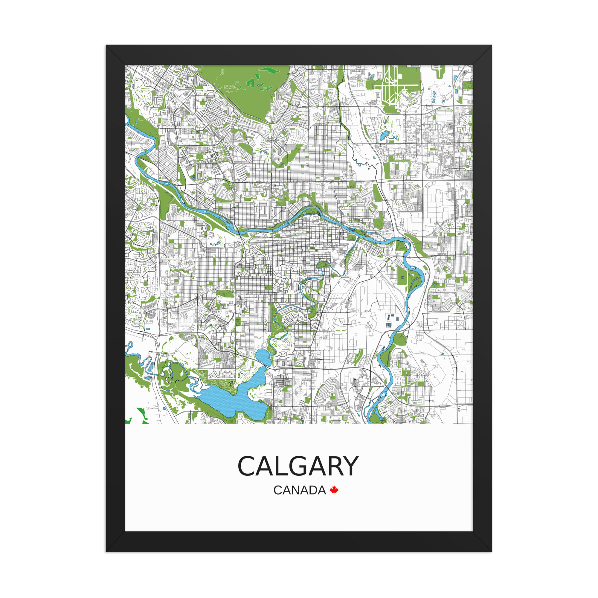 Framed Poster - Calgary Canada - Artistic Map - Green Black White