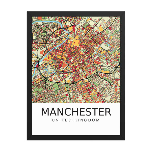 Framed Poster - Manchester UK - Artistic Map - Colourful-Jazzy