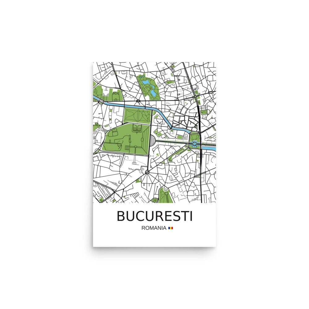 Poster - Bucharest Romania - Artistic Map - Green Black White - Image 5
