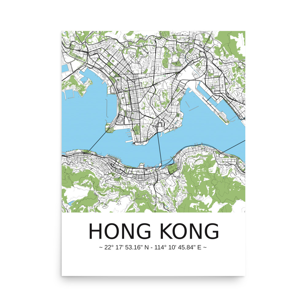 Poster - Hong Kong - Artistic Map - Green Black White