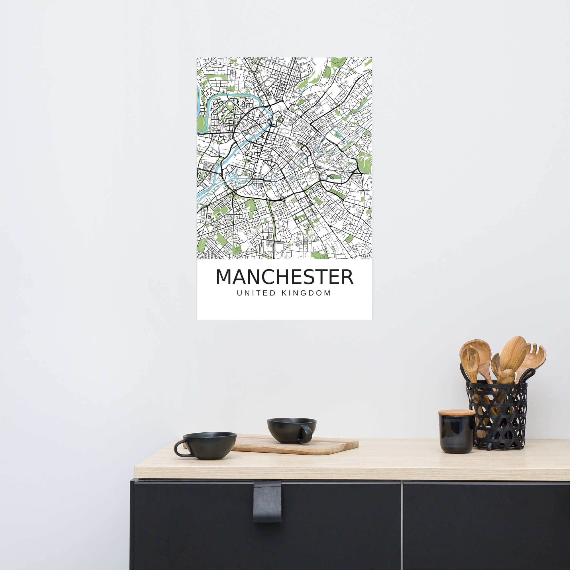 Poster - Manchester UK - Artistic Map - Green Black White - Image 9