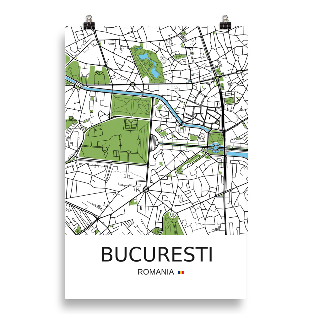 Poster - Bucharest Romania - Artistic Map - Green Black White - Image 9