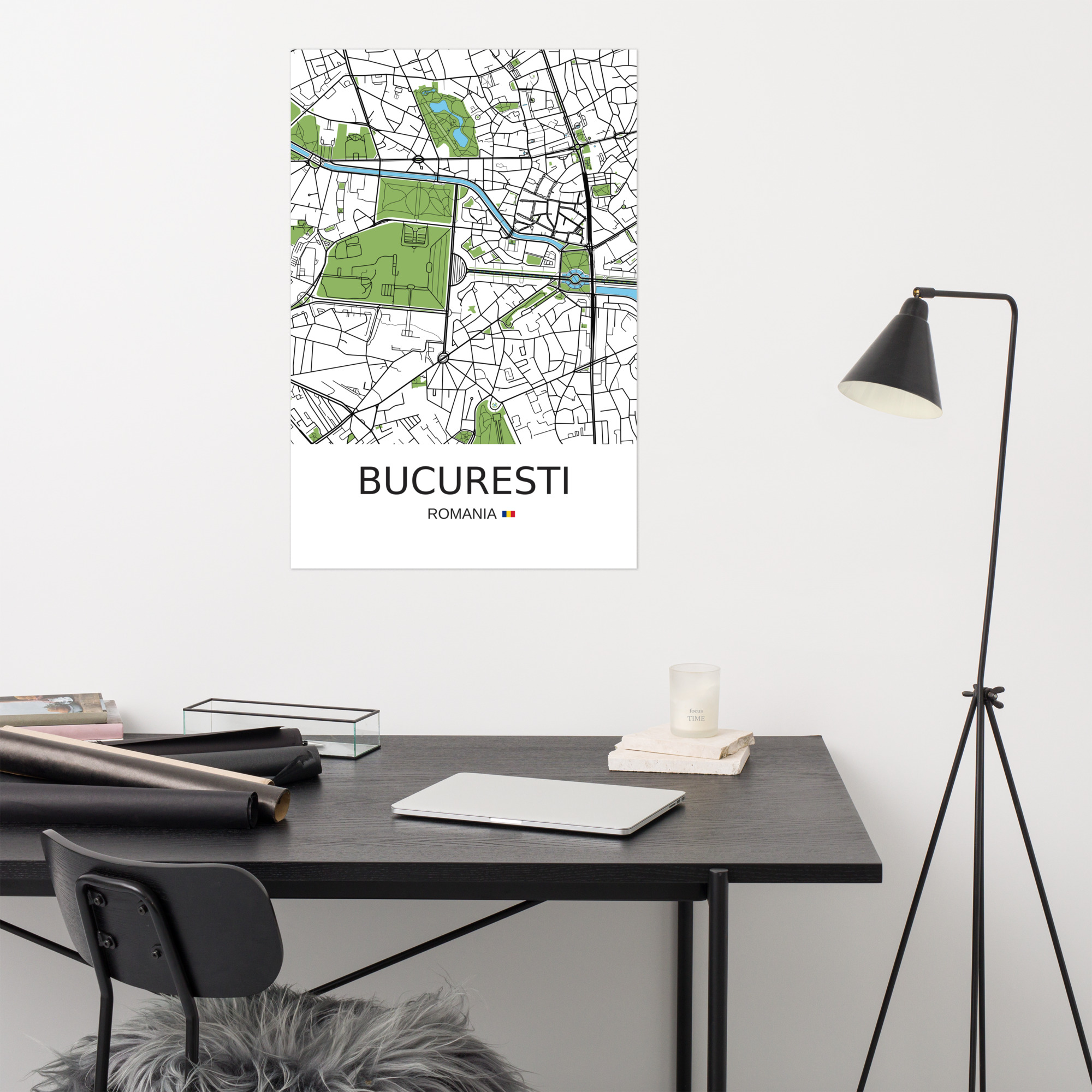 Poster - Bucharest Romania - Artistic Map - Green Black White - Image 10