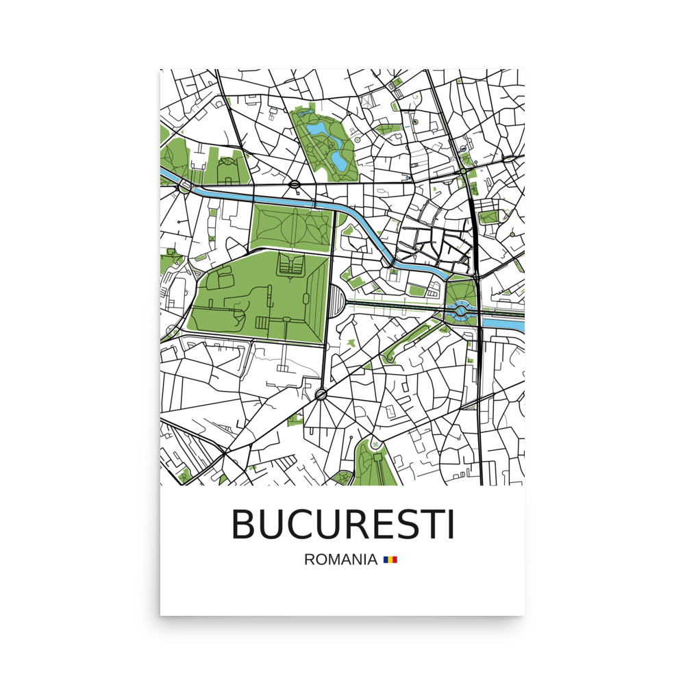 Poster - Bucharest Romania - Artistic Map - Green Black White - Image 8